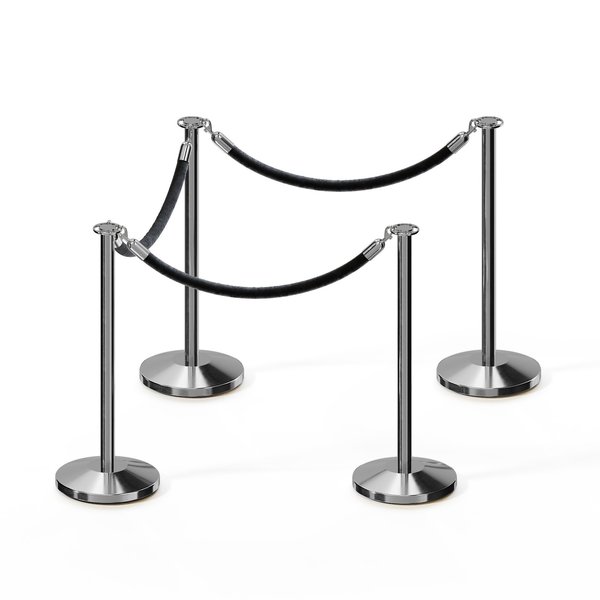 Montour Line Stanchion Post and Rope Kit Pol.Steel, 4 Flat Top 3 Black Rope C-Kit-4-PS-FL-3-ER-BK-PS